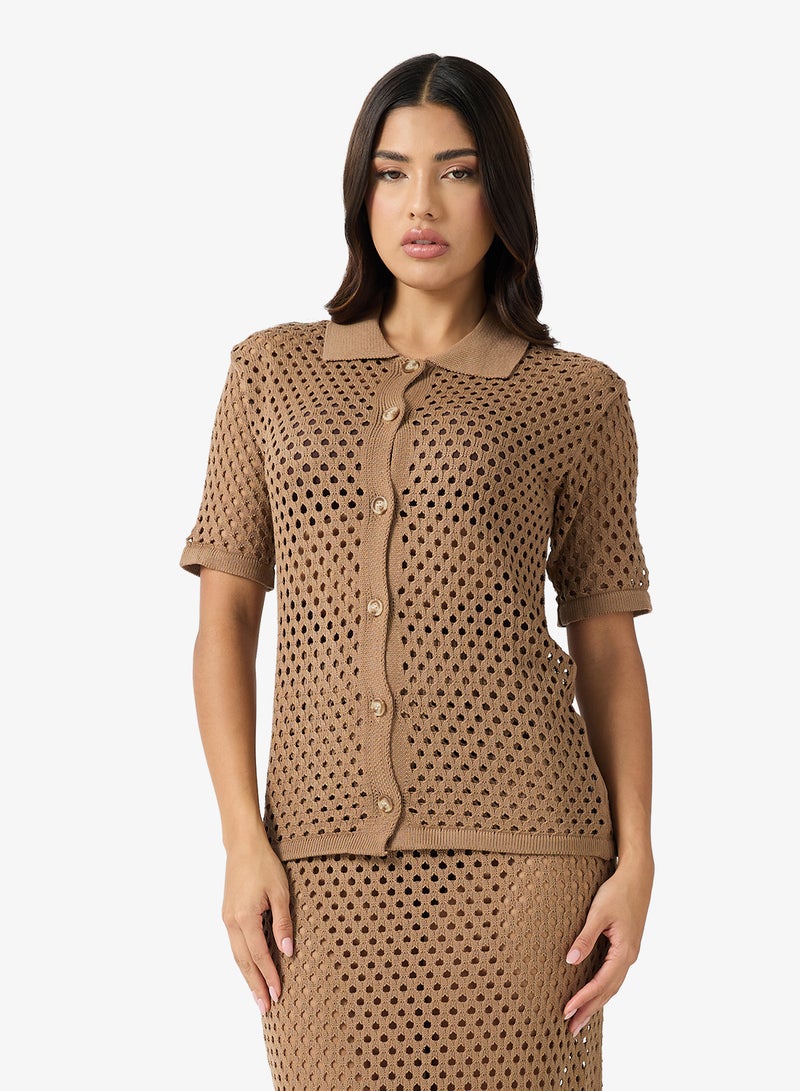 جينجر طقم قميص بأزرار وتنورة ماكسي كروشيه - Image 3